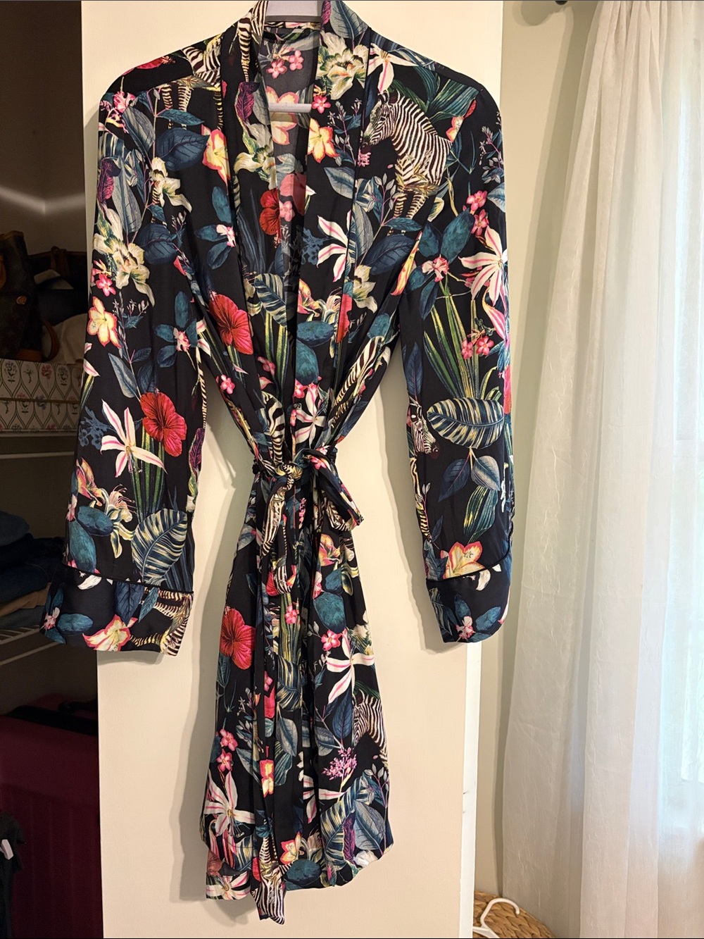 Banana Republic Black Tropical Floral Satin Robe with Tie